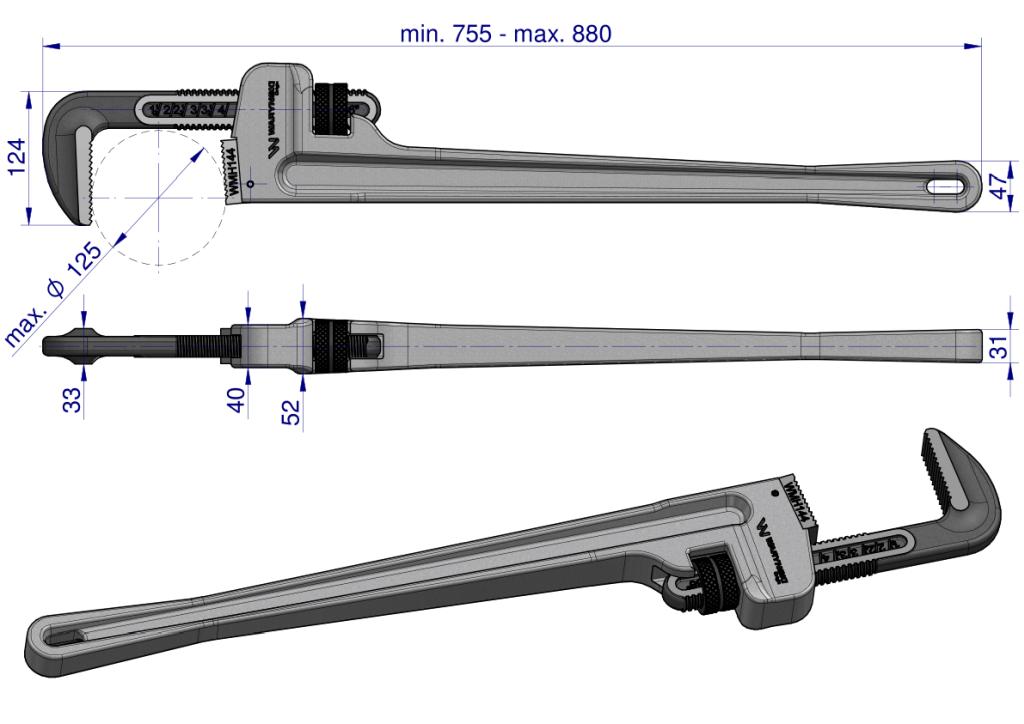 American type pipe wrench 36" aluminum handle reinforced CrMo jaws max diameter Waryński