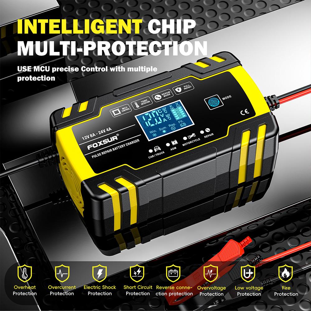 12V/8A 24V/4A Полностью автоматическое автомобильное зарядное устройство Импульсный ремонт FOXSUR Автомобильный грузовик AGM Свинцово-кислотный ЖК-дисплей Автоматическая зарядка аккумулятора FBC122408D