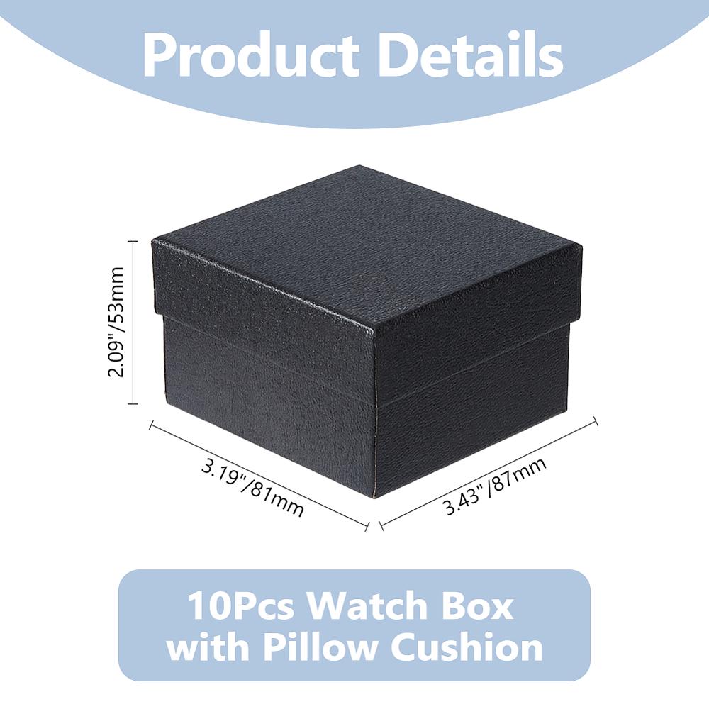10pcs Paper Bracelet Storage Gift Box with Pillow Inside Square Black 8.7~8.8x8.1~8.2x5.3cm