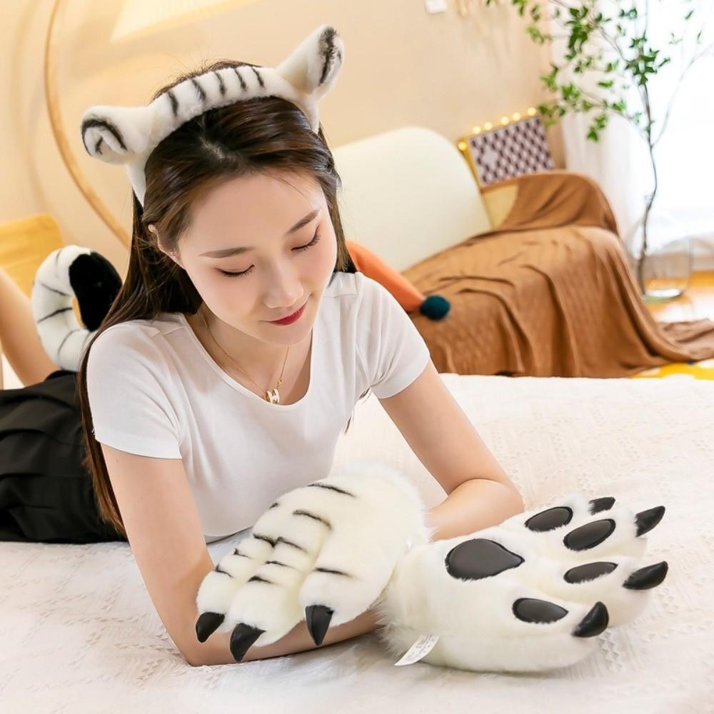 Fluffy Texture Plush Gloves Striped Design Costume Mittens  Cosplay Costume Accessories