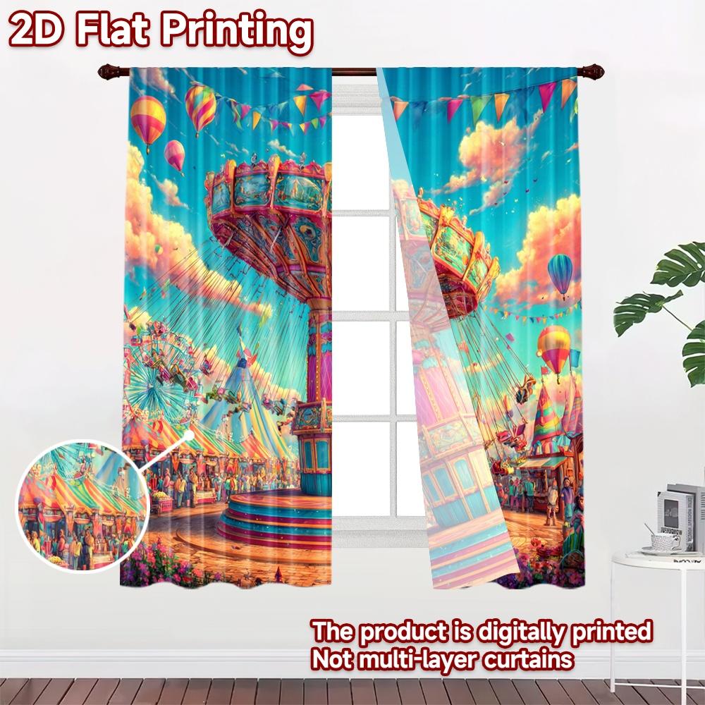 2D flat printing 2pcs Window Curtains Carnival Swing Ride Fun Digital Printed Polyester Drapes All Season Party & Holiday Decor
