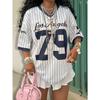 2026 Summer New Los Angeles 79 Print Stripe T-shirt For Women V-Neck Short Sleeve Sports Football Jersey Y2K Loose Oversized Top