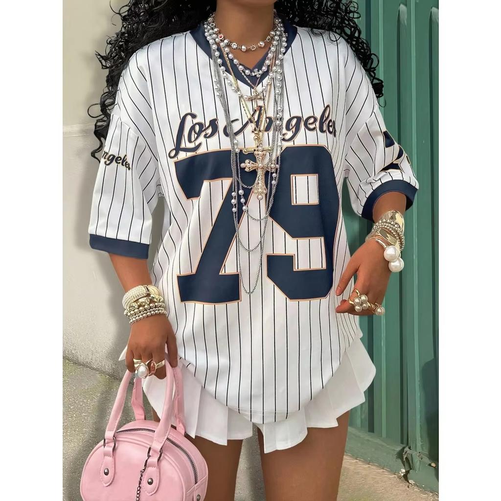 2026 Summer New Los Angeles 79 Print Stripe T-shirt For Women V-Neck Short Sleeve Sports Football Jersey Y2K Loose Oversized Top
