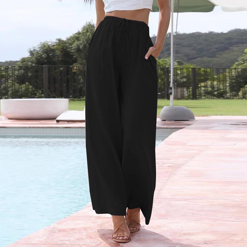 Женские элегантные хлопковые льняные однотонные свободные брюки с широкими штанинами на шнуровке Брюки с эластичной резинкой на талии