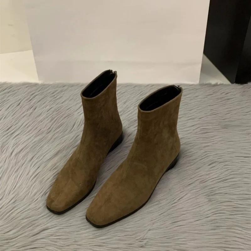 Осень Зима Женские Короткие Ботинки во Французском Стиле Модные Прилегающие Массивный Каблук Универсальные Взрослые Квадратный Носок Резиновая Подошва Ботильоны