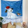 A snowy dog wearing a Santa hat with a bird holding mistletoe nearby. Patterned tapestry for bedroom and living room home decor