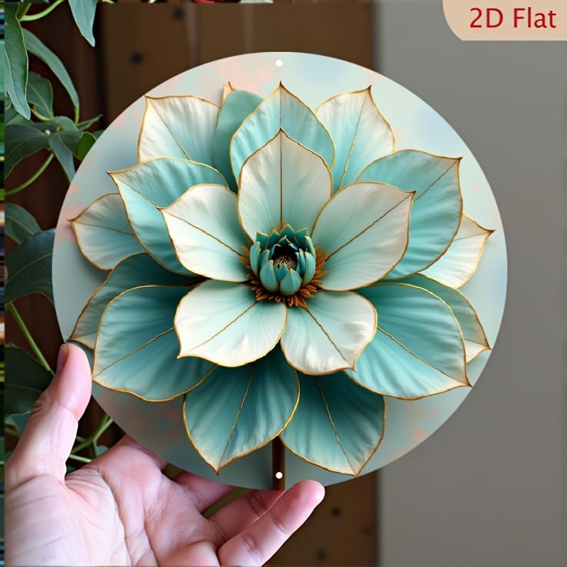 Алюминиевое настенное искусство D Flat x Inch Круглое Бирюзовое Золотое для Дизайна с Лотосом Прочный Декор для Улицы для Дома Офиса