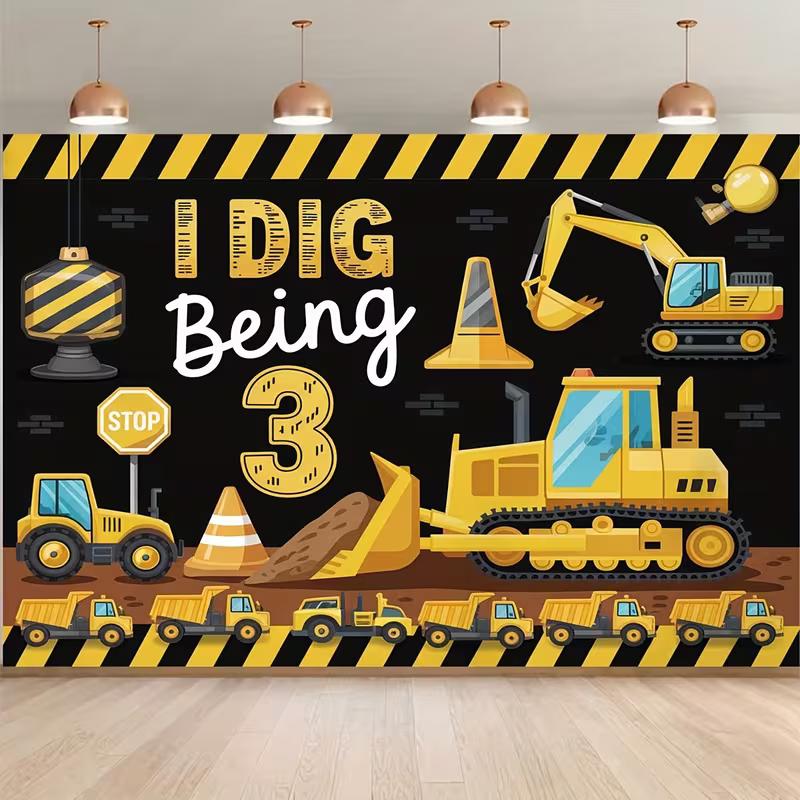 2D Toddler Birthday Background Cloth "I Dig Being 3" Construction Truck Banner for Decor