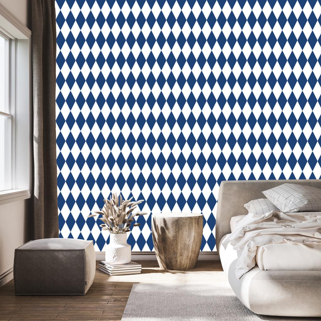 Harlequin Diamonds Wallpaper Blue, Light Gray and White 50x1000