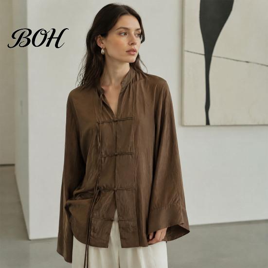 Durable Polyester Blouse Women Stand Collar Shirt, Chinese Frog Button for Early Meditation Clothing Fall, Loose Casual Solid Color Long Sleeve
