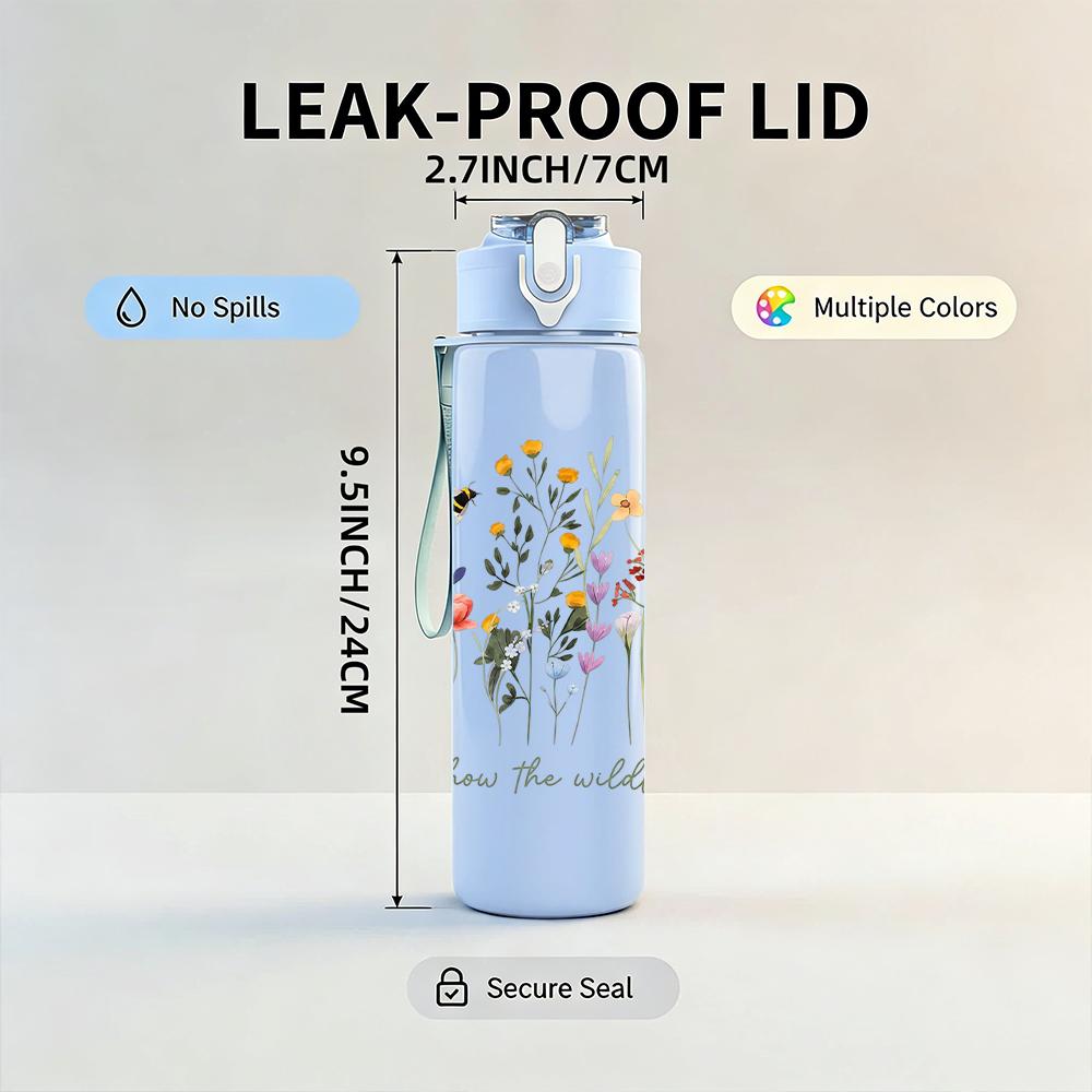 1PC Wildflower Inspirational Quote Graphic,750ml Color Plastic Sports Water Bottle,Leakproof Flip Straw Lid,Suitable for Sports Office Home Use