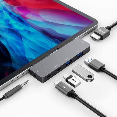 6-в-1 Новейший док-хаб для iPad Pro Air Mini 6 с выделенным док-портом, выход 4K HDMI, зарядка PD 60 Вт, передача данных 5 Гбит/с, разъем для наушников, передача данных Type-C 5 Гбит/с