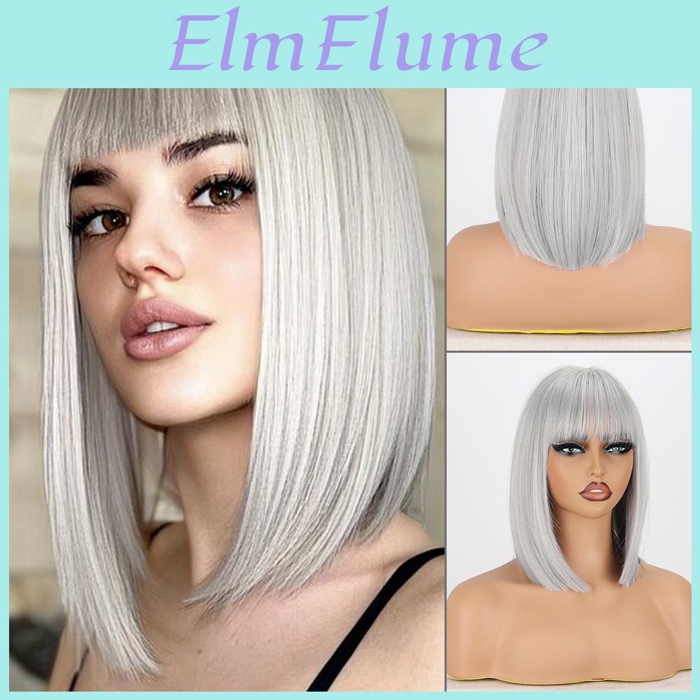 Xinran Short Straight Women Fashion Bob Wig With Bangs Synthetic Fiber Natural Shoulder Length Bob Wig Cosplay Daily Wear