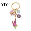 Strong Chain Keyring Keychain Pendant with Round Imitation Pearls, Flower Butterfly Enamel Charm Key Ring, Pastoral Style Layered Holder