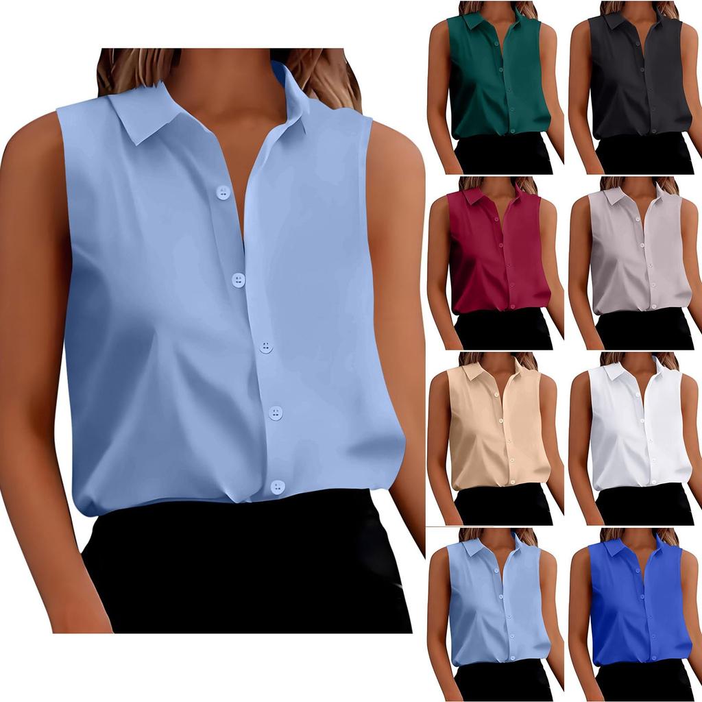Women's Fashionable Summer Color Collar Shirt Button Sleeveless Loose Shirt Top