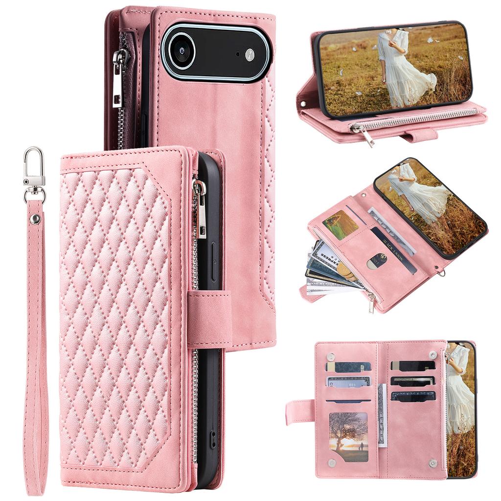 For iPhone 17 Air Wallet Case Rhombus Stitching Line PU Leather Phone Cover with Wrist Strap