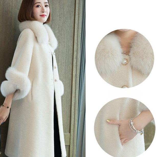 Женское длинное пальто из искусственного меха норки, теплое, элегантное, с воротником из искусственного меха лисы, из овечьей шерсти, осенне-зимняя меховая куртка, женское пальто