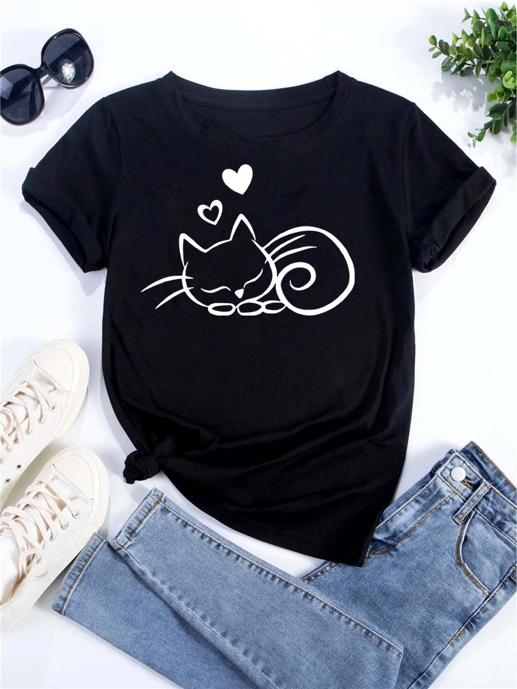 O Neck Tshirt Comfortable Cute Love Heart Cat Print Casual Short Sleeve Top Summer Women's Clothing Cartoon Streetwear