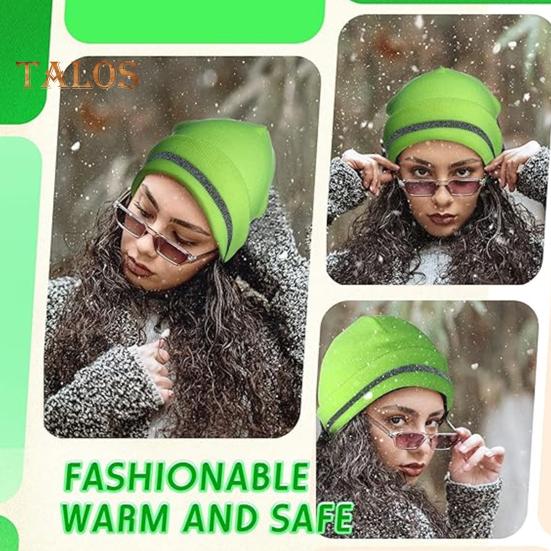 Men Outdoor Hat with Reflective Stripe High Elasticity Keep Warm Solid Color Folded Brim Nocturnal Sport Cap High-Visibility Knitted Headwear for