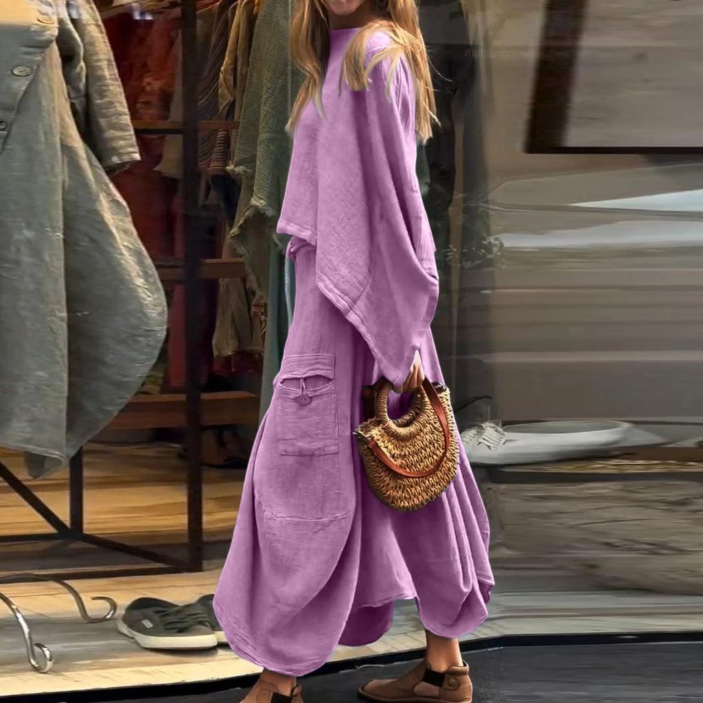 Женский свободный удобный повседневный модный однотонный топ с длинными рукавами, однотонная юбка, комплект из двух предметов