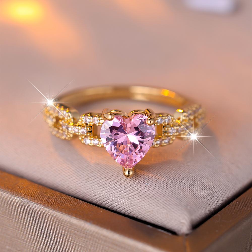 Elegant Pink Zircon Heart Rings for Women Romantic Love Heart Engagement Ring Gold Color Dainty Wedding Band Boho Jewelry