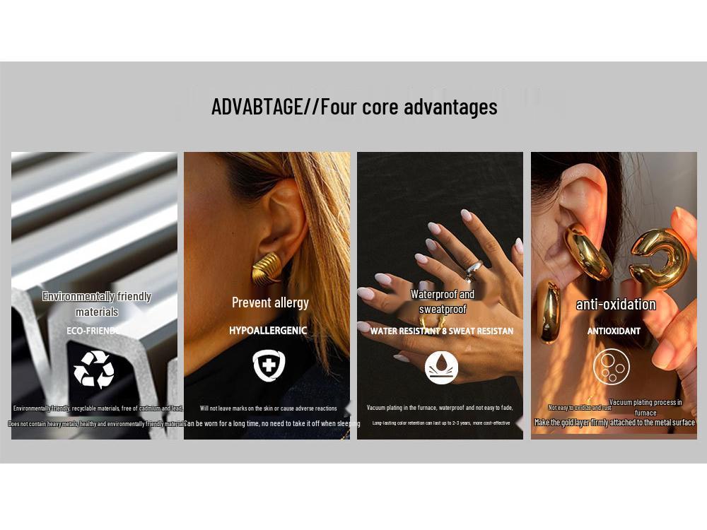 INS Модные Геометрические Минималистичные Серьги-Клипсы C-образной формы из Нержавеющей Стали с Покрытием из 18-каратного Золота, Не Тускнеющий Титан.