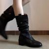 Fashion Brown Warm Mid Calf Shoes Woman Middle Heel Boot Goth Large Size Gyaru Comfortable and Elegant Hot Y2k Half High Boots for Women
