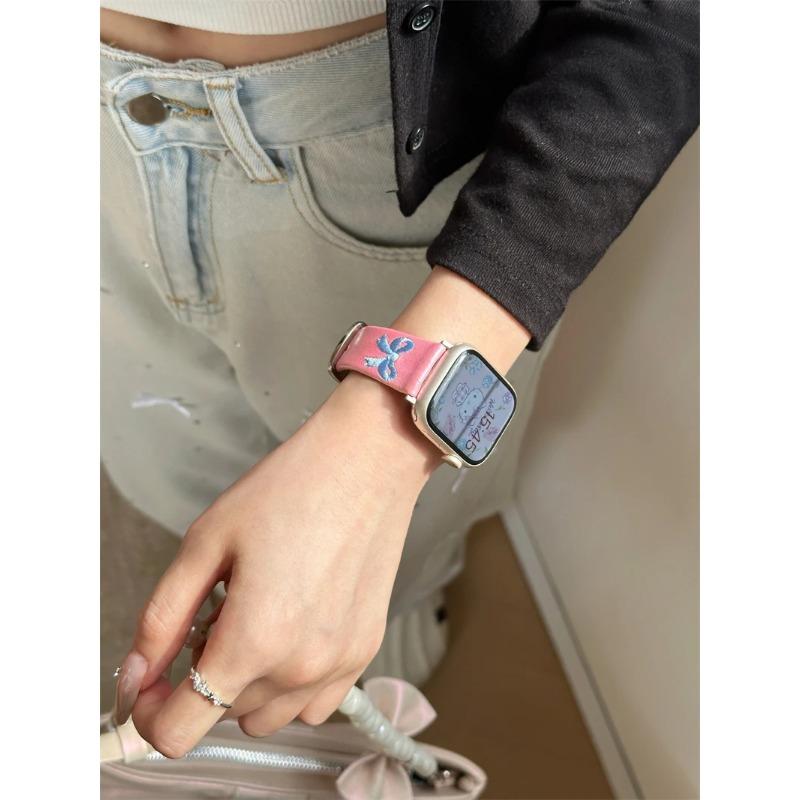 Ремешок для часов с милой вышивкой бантом Aurora кожаный ремешок для Apple Watch ремешок 8 49 9 7 SE 6 для iWatch 45 42 44 40 MM Girl Lovely Bracelet