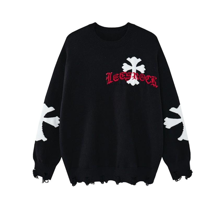 Unisex Oversized Knit Sweater With Cross Jacquard Retro Streetwear Style Warm Loose Fit Winter