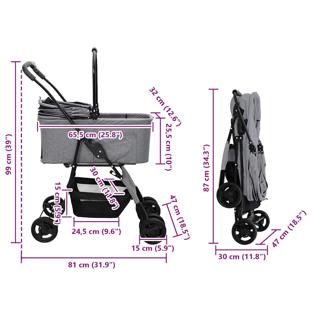 Foldable Pet Stroller Gray 81 x 47 x 99 cm Polyester