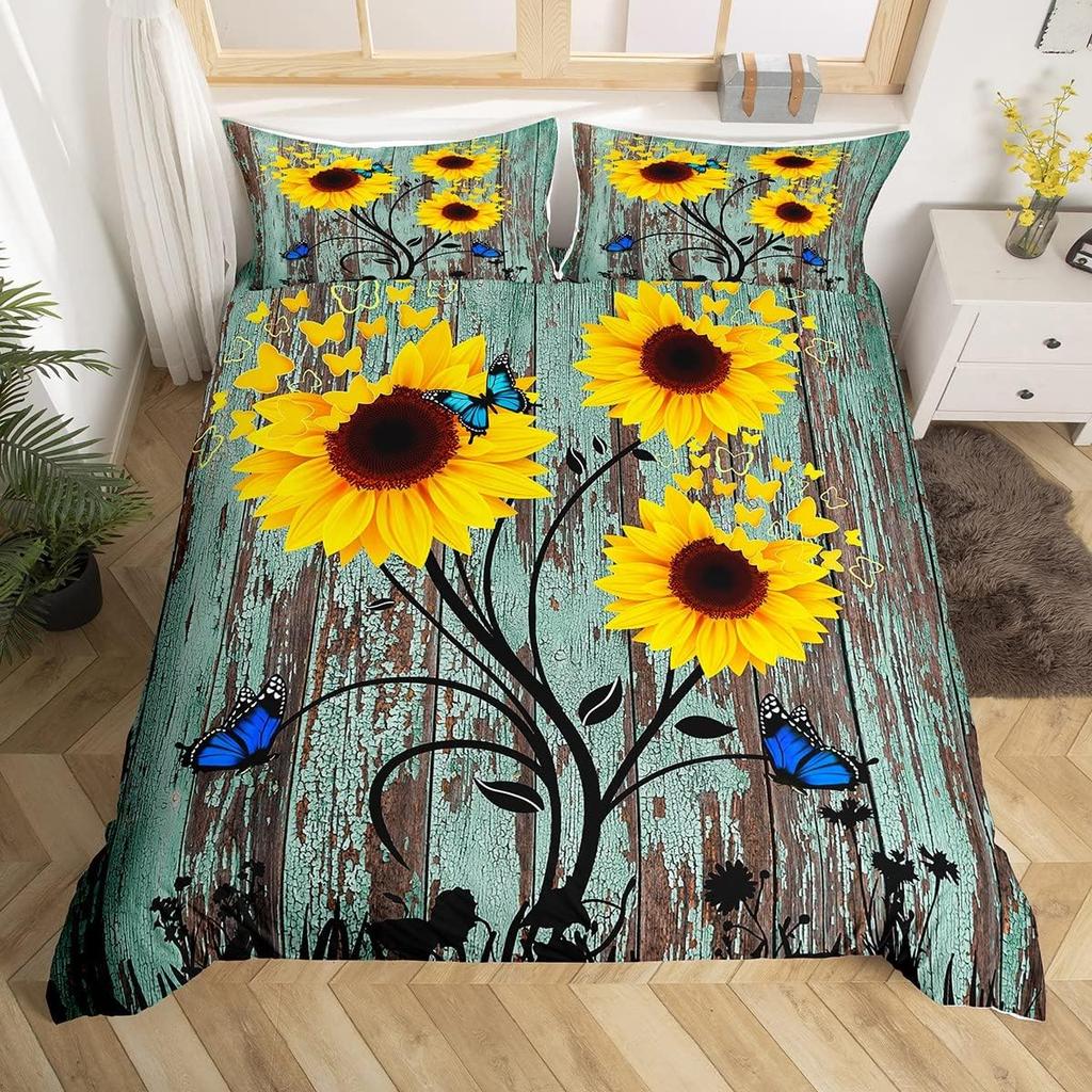 Rustic Farmhouse Bedding Sets Queen Country Butterfly Sunflower Duvet Cover Retro Barn Door Comforter Cover Cabin Lodge Bed Set