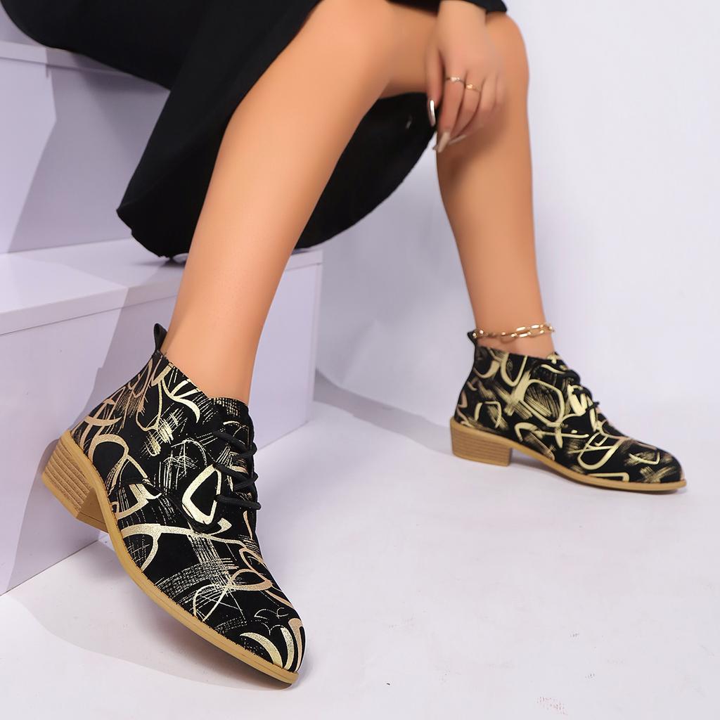 Мода Модные полосатые ботильоны с граффити для женщин 2024 года, новые короткие ботинки на шнуровке и толстом каблуке для женщин, осень-зима, принт Botas Muejr