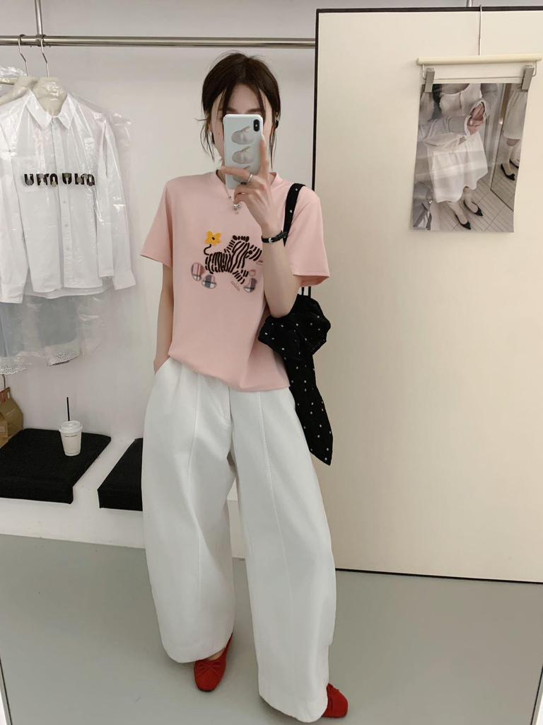 Korean Style Cartoon Zebra Embroidery Women's Loose Cotton Short Sleeve T-shirt