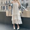 Women Sling Dress V-Neck Sleeveless Multi Layer Lace Splicing Design Maxi Dress Solid Color Loose Cut Dress