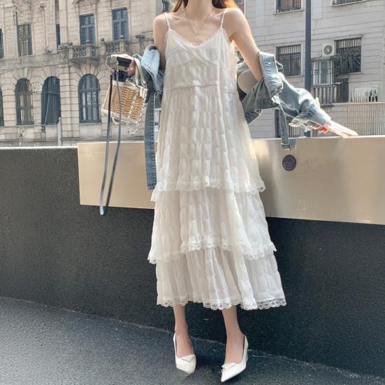 Женское платье на бретелях с V-образным вырезом, без рукавов, многослойное, с кружевной отделкой, макси-платье