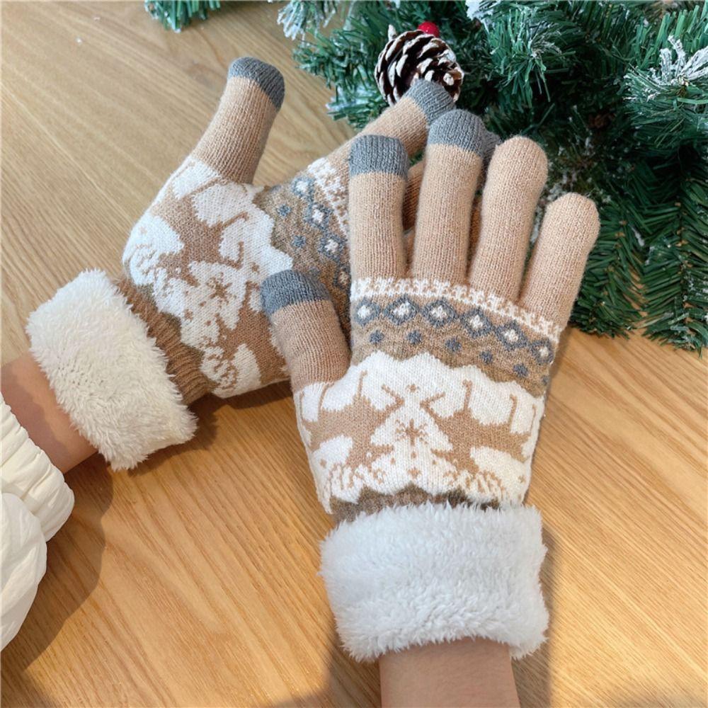 Wool Christmas Knitted Gloves Thickened Winter Mittens Simple Full Finger Gloves Women