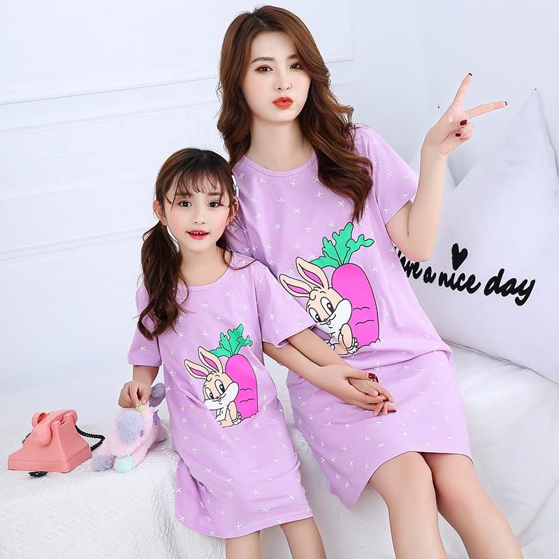 Girls' Summer Cartoon Short Sleeve Pajamas - Cute Parent-Child Cotton Nightdress