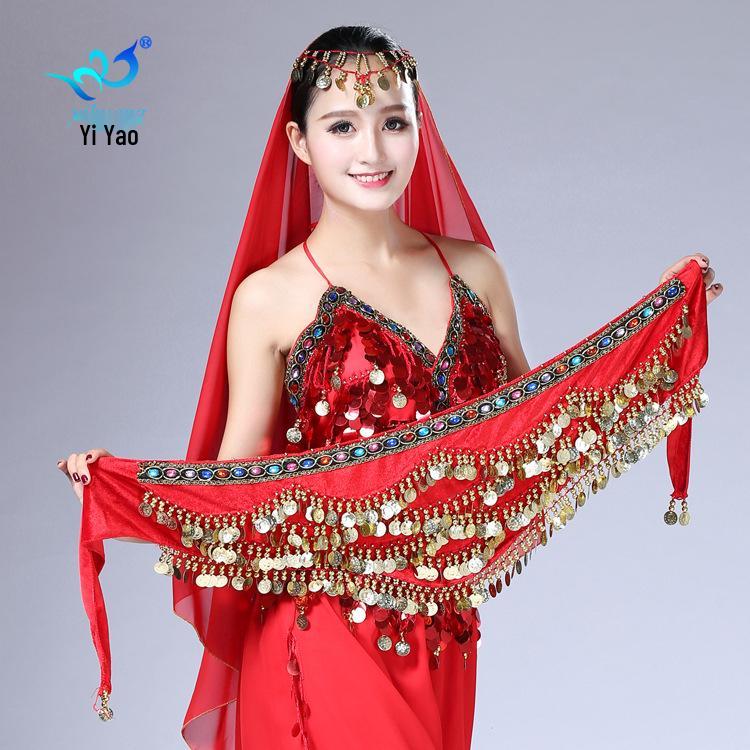 Belly Dance Waist Chain and Arm Scarf with Colored Rhinestones for Practice and Performance