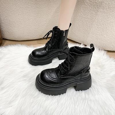Женские модные массивные одинарные ботинки Осень Новые с круглым носком Шнуровка спереди Боковая молния Противоскользящие Износостойкие Короткие ботинки