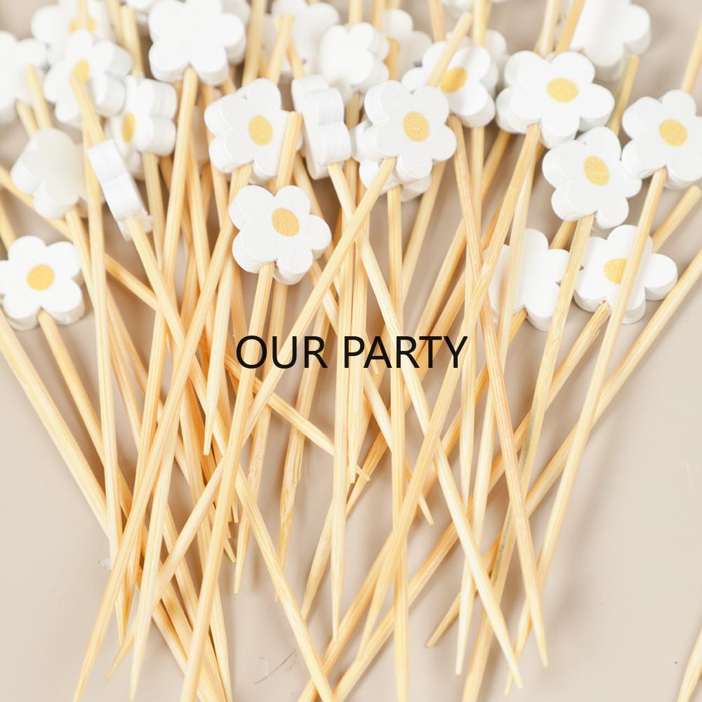 100 шт., одноразовые бамбуковые палочки для еды в виде цветка ромашки, десертные вилки для фруктов для детей, дня рождения, свадьбы, детского душа, вечеринки, украшения