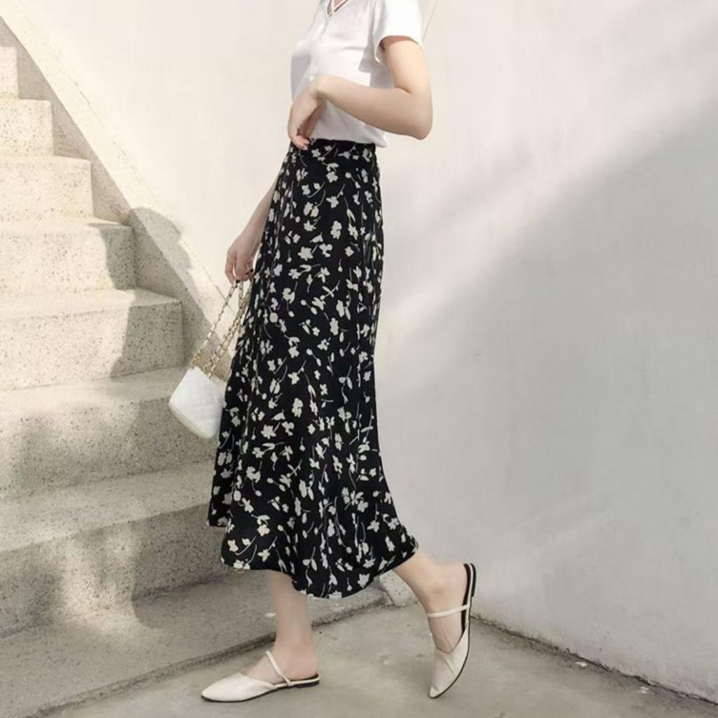Юбка миди с цветочным принтом для женщин, летняя юбка с высокой талией и принтом средней длины, юбка-трапеция