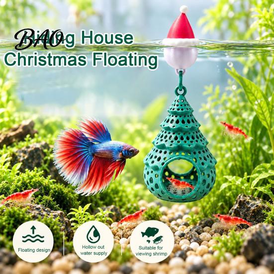 Festive Underwater Landscape Decor Christmas Tree Aquarium Floating Hideout Ornament, Fish Shrimp Cave Shelter with Ornament for Holiday Season Santa
