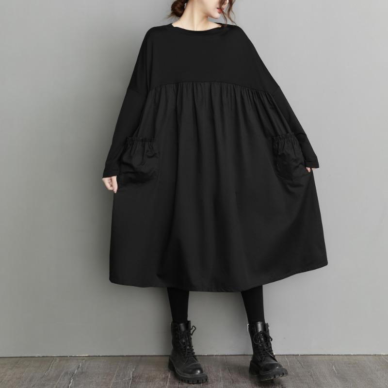 Long Sleeve Black Big Pocket Patchwork Dresses for Women Loose Casual Vintage Dress Fashion Elegant Clothing Spring Autumn 2025