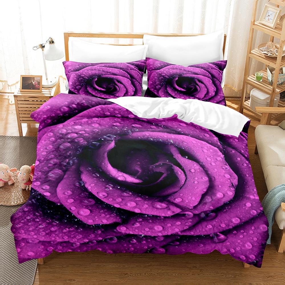 Purple Flowers Duvet Cover Set Polyester Comforter Cover King Queen Size Quilt Cover with Pillowcase for Girls Women Bedding Set