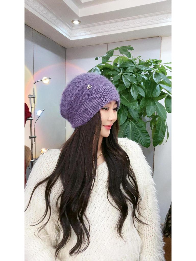 Двухслойная вязаная шерстяная шапка с большой окружностью головы и теплой подкладкой из толстого бархата