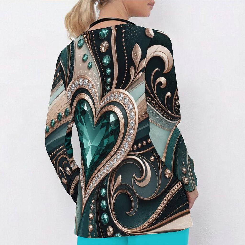 Women Plus Size Printed Nurse Scrub Top V Neck Long Sleeve With Front Pockets Black Green Gold