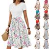 Women's Casual Fashion Belted Floral Print Short Sleeve Round Neck Elegant Dress