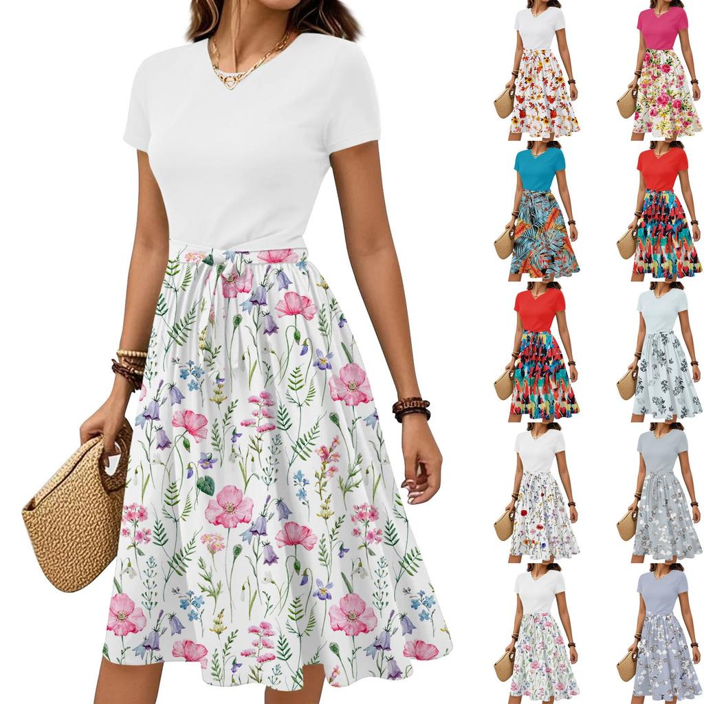 Women's Casual Fashion Belted Floral Print Short Sleeve Round Neck Elegant Dress