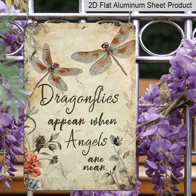 2D Flat Vintage Metal Wall Art Sign "Dragonflies Appear When Angels Are Near" - Rustic Farmhouse Decor with Floral Accents - Durable Aluminum for