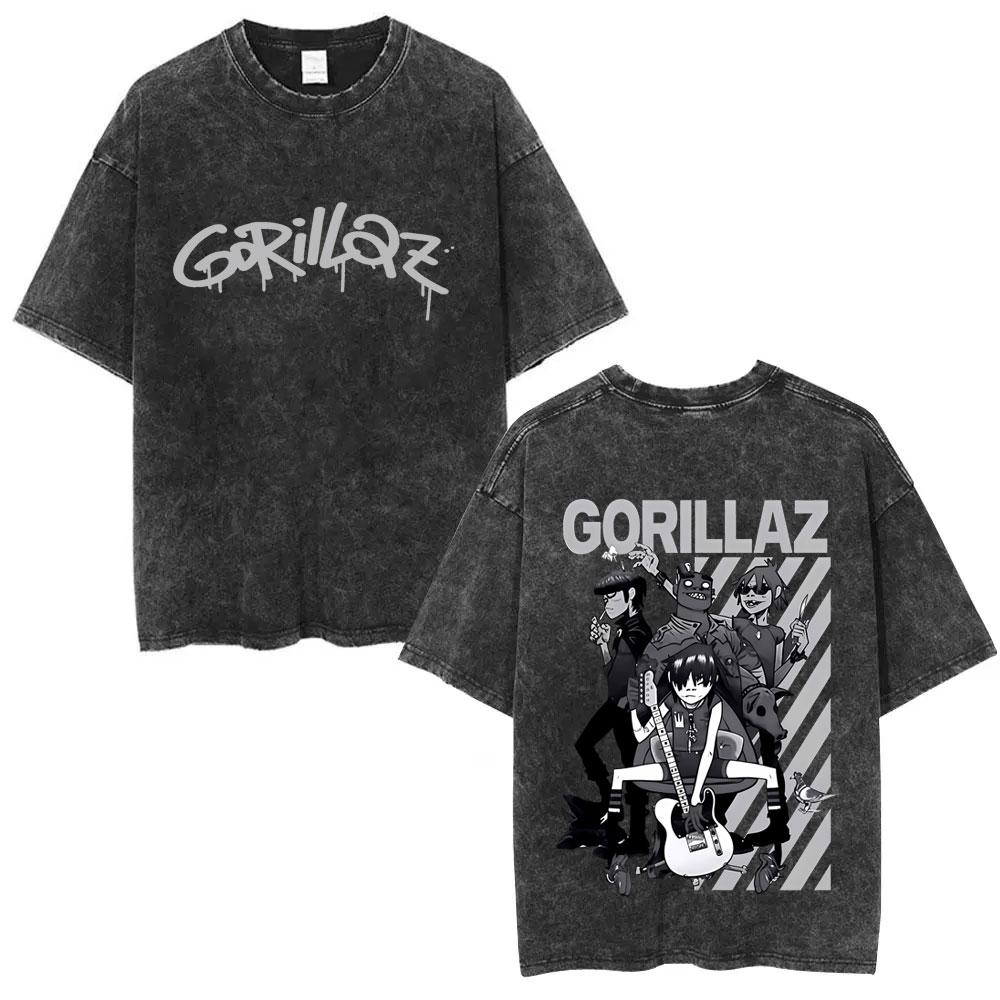 Стирка Винтажные Футболки с Графикой Рок-Группы Gorillaz Альбом The Now Now Мужская Женская Одежда Хип-Хоп Панк Оверсайз Футболки с Круглым Вырезом